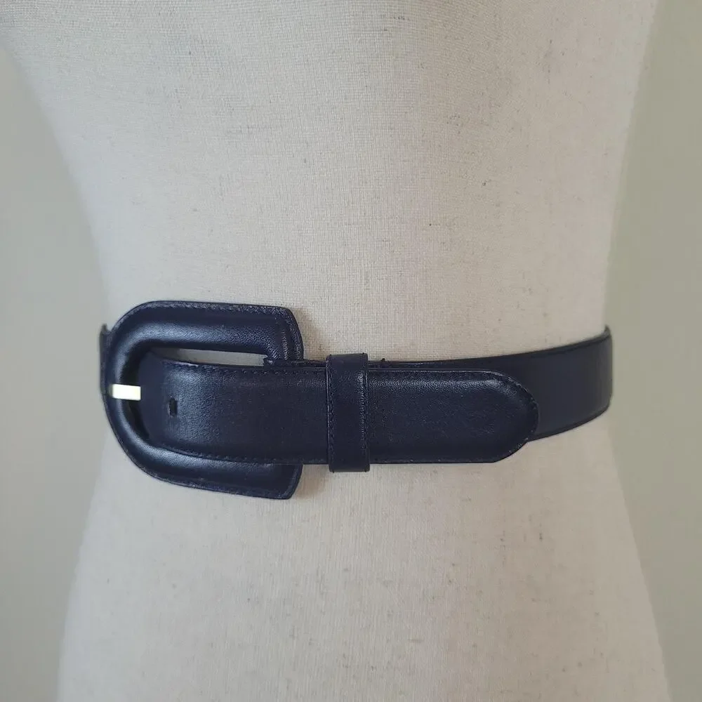 VTG Liz Claiborne Belt Small Navy Blue Leather Sculptural Buckle Dress 80s 90s